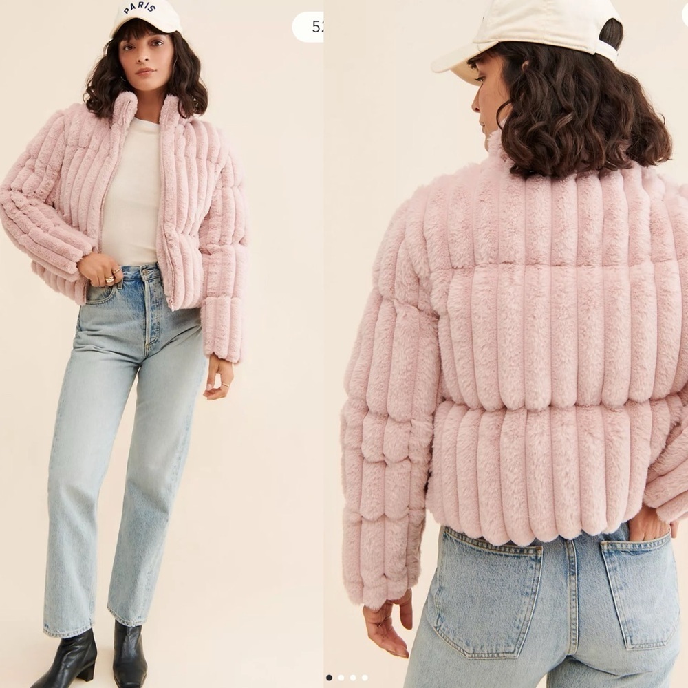 Anthropologie Ruf by Urf blush pink faux fur crop puffer jacket L